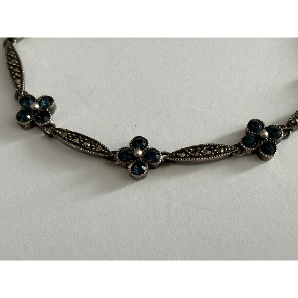 Vintage Sterling Silver Marcasite Bracelet Dainty Blue Flowers - Picture 2 of 3